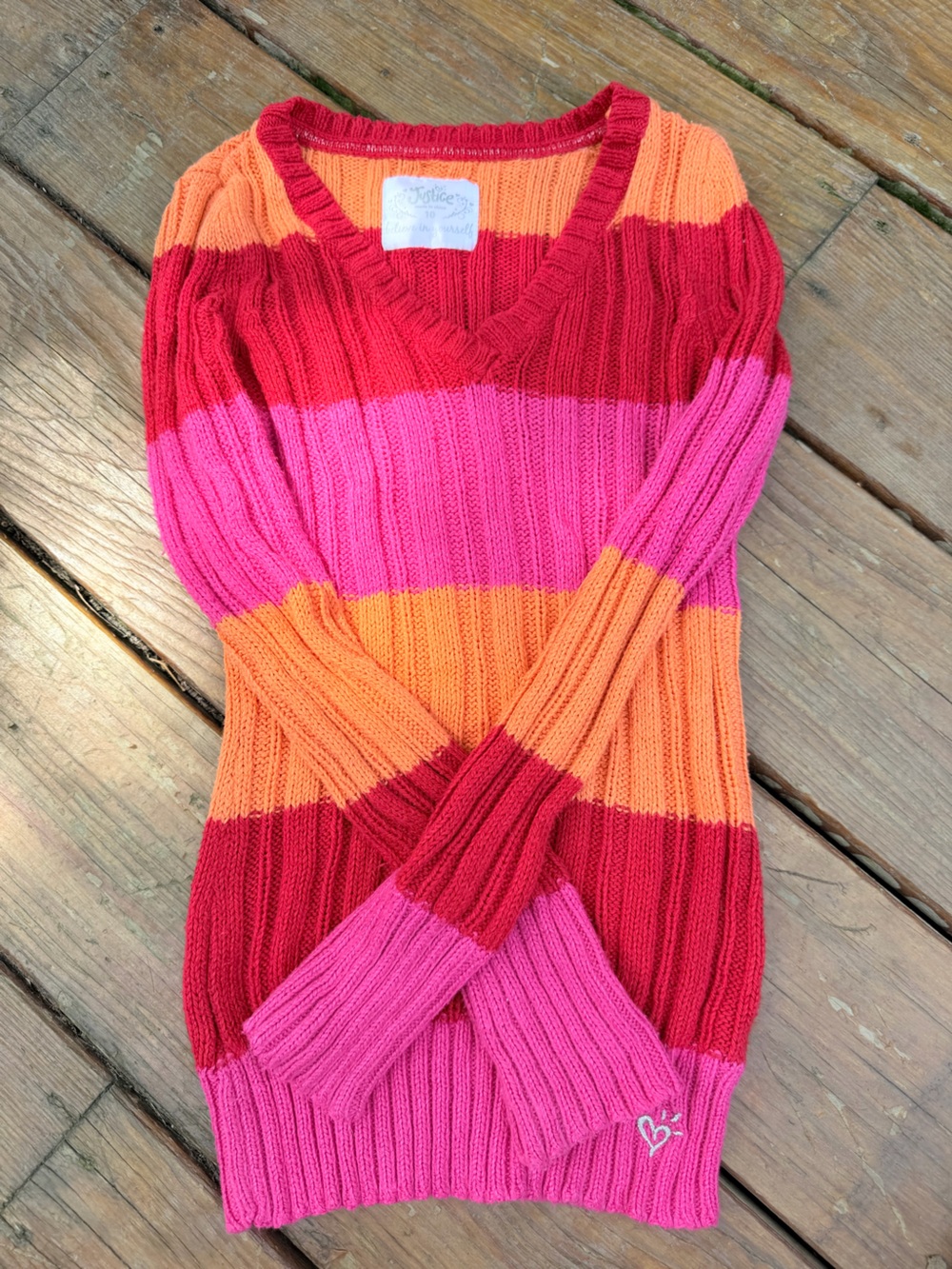 Justice Girls Ribbed Stripped Knitted Sweater- Orange, Red, & Pink Size 10